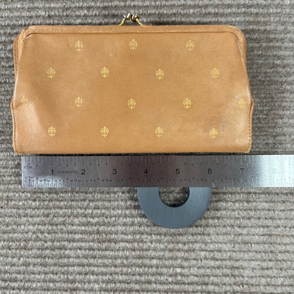 Vintage‎ Tan Leather Fleur-de-Lis Kiss Lock Frame Clutch Wallet Gold Lily Tan - Picture 2 of 9